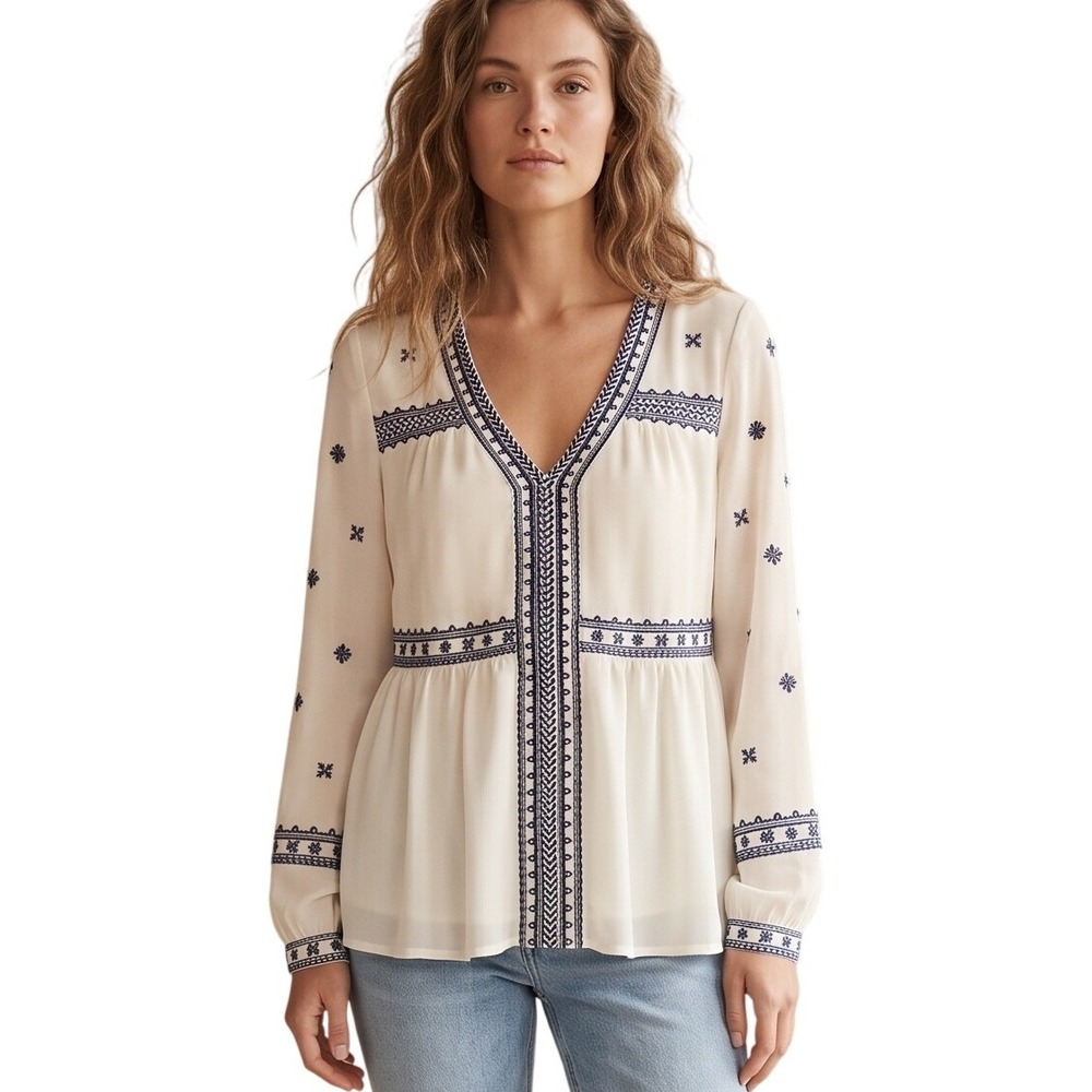 Stella & Dot MAETTE Cream‎ Navy Blue Embroidered V-Neck Boho Peplum Blouse Small